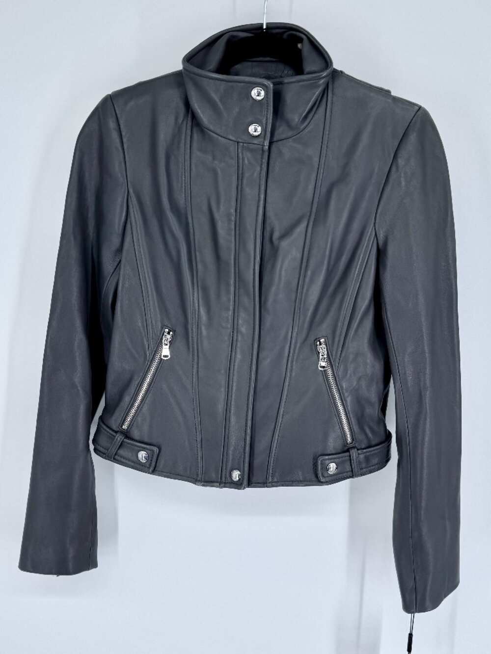 Calvin Klein Gray Genuine Leather Moto Jacket XS NWT Silver Hardware - Picture 3 of 12